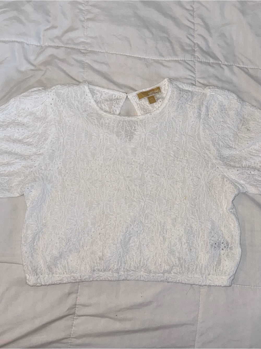 Michael Kors White Lace Cropped Top with Short Sleeves